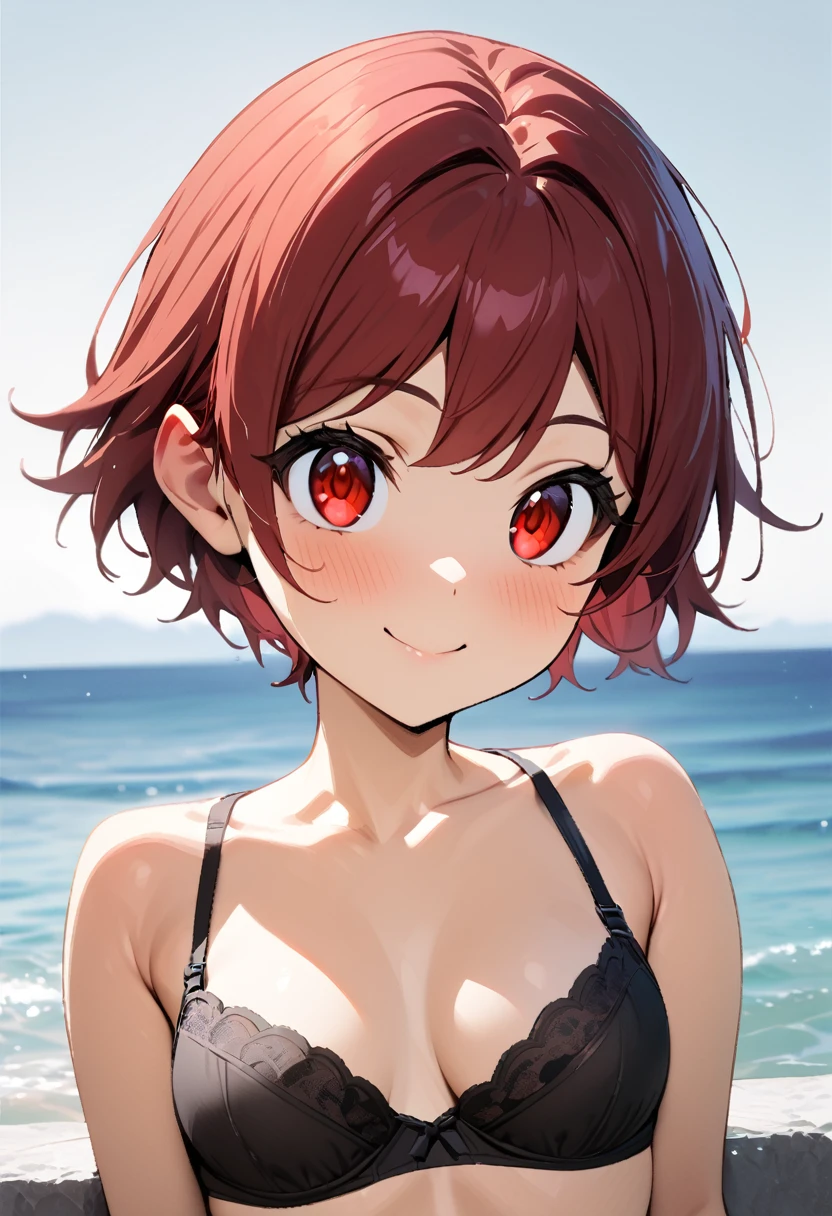 (masterpiece, best quality, high resolution:1.2), 1girl, solo, short hair, red eyes, white background, red hair, underwear, navel, panties, white panties, bra, black bra, large hip, smile, close up, portrait, perfect eyes, ocean, sky