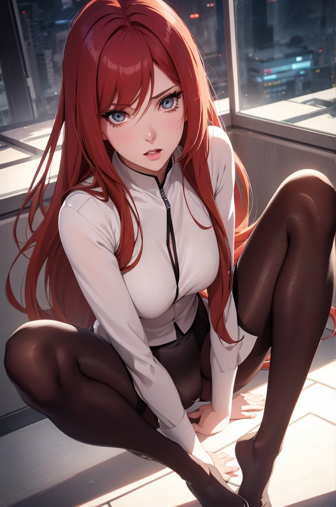 kushina, legs pose in pantyhose, sexly, beautiful detailed eyes, beautiful detailed lips, extreme detailed face, long eyelashes, roupas sexlys detalhadas e intrincadas, dynamic pose, photorrealistic, 4K, hyper detailled, cinematic lighting, dramatic colors, epic science fiction, film composition, in this 