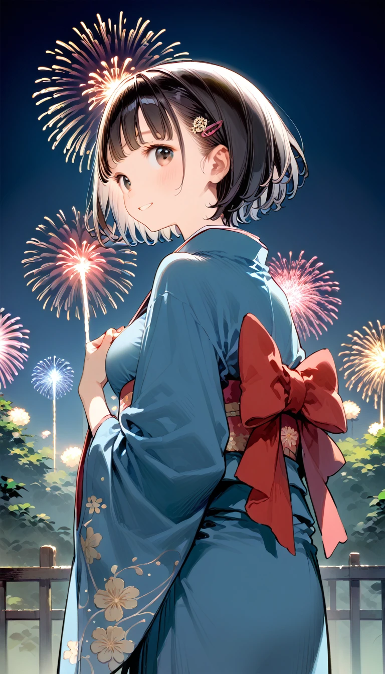 absurd resolution, high resolution, (work of art: 1.4), super verbose, (1womanl: 1.3), (standing alone: 1.4), fireworks, short bob, short bob, kimono, looking back, Closing Your Eyes, smiling, Lumiere, Makoto Shinkai style, rosto super close-up, Ultra-thin illustration, bright coloured, cinematic Lumiere, exciting Lumiere production, attention to the details, bright coloured, hair clips, kimono, large side breasts, looking back, glad, ssmile, from low,