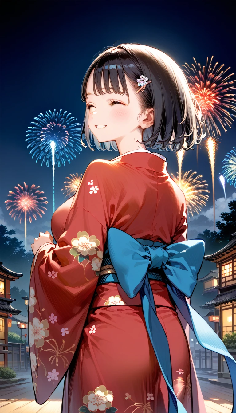 absurd resolution, high resolution, (work of art: 1.4), super verbose, (1womanl: 1.3), (standing alone: 1.4), fireworks, short bob, short bob, kimono, looking back, Closing Your Eyes, smiling, Lumiere, Makoto Shinkai style, rosto super close-up, Ultra-thin illustration, bright coloured, cinematic Lumiere, exciting Lumiere production, attention to the details, bright coloured, hair clips, kimono, large side breasts, looking back, glad, ssmile, from low,