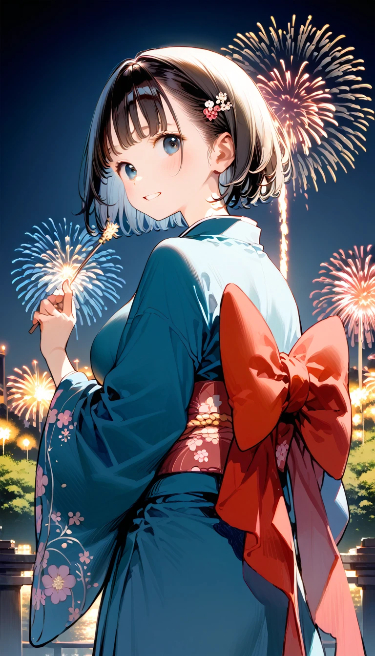 absurd resolution, high resolution, (work of art: 1.4), super verbose, (1womanl: 1.3), (standing alone: 1.4), fireworks, short bob, short bob, kimono, looking back, Closing Your Eyes, smiling, Lumiere, Makoto Shinkai style, rosto super close-up, Ultra-thin illustration, bright coloured, cinematic Lumiere, exciting Lumiere production, attention to the details, bright coloured, hair clips, kimono, large side breasts, looking back, glad, ssmile, from low,