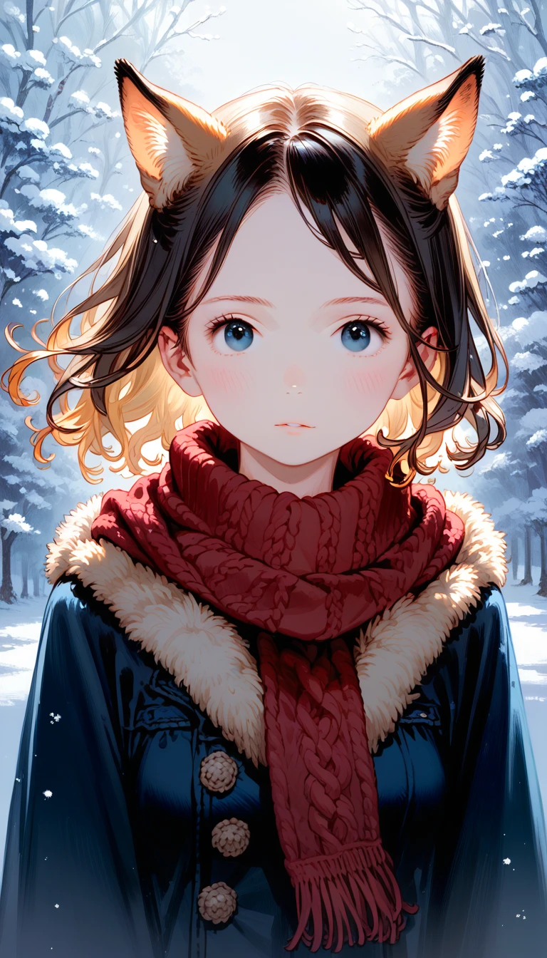 Style-NebMagic, portrait of Ismail Inceoglu, Gazela, james jean, Anton Fadeev e Yoshitaka Amano, a cute fluffy arctic fox wearing a Style-SylvaMagic scarf in the snow, very detailled, 8K resolution, digitl art, trends on ArtStation, swirly vibrant colors, chibi style, work of art, lovely friendly lovely