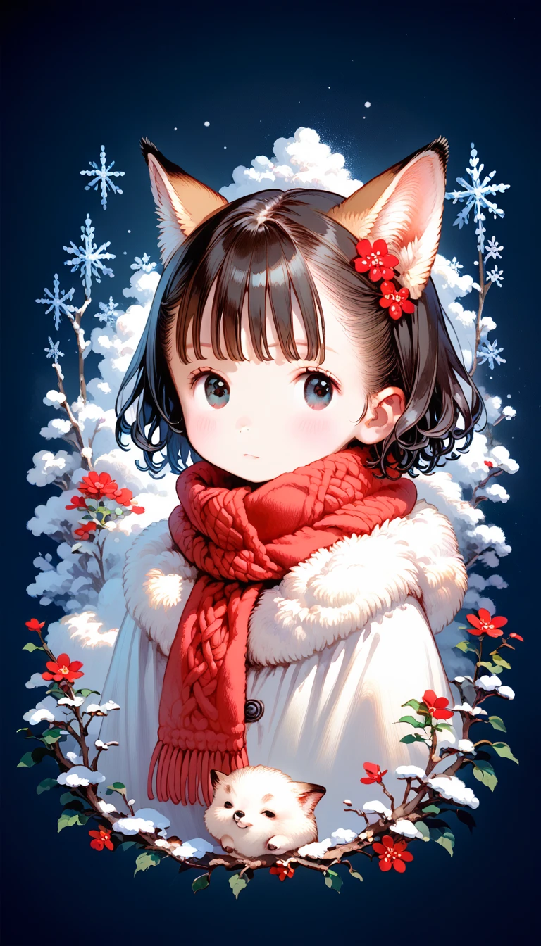 Style-NebMagic, portrait of Ismail Inceoglu, Gazela, james jean, Anton Fadeev e Yoshitaka Amano, a cute fluffy arctic fox wearing a Style-SylvaMagic scarf in the snow, very detailled, 8K resolution, digitl art, trends on ArtStation, swirly vibrant colors, chibi style, work of art, lovely friendly lovely