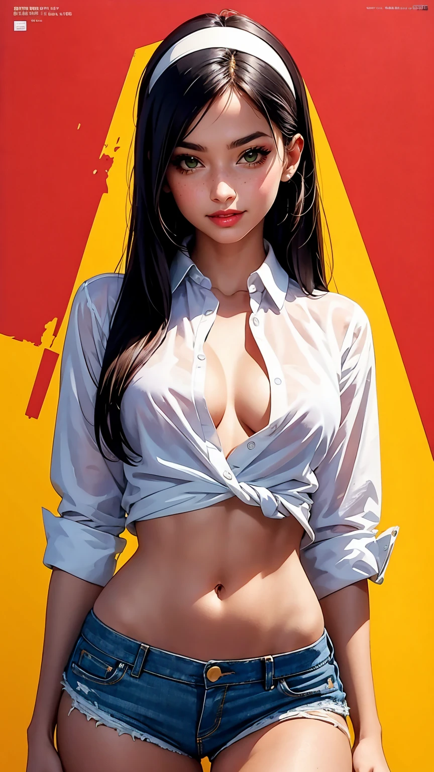 Alluring young girl, smile, collared shirt, unbuttoned shirt, sleeves rolled up, denim shorts, small breast, hairband, (wide hips), sexy thighs, ((straight hair)), comic retro style, (masterpiece, best quality:1.2), simple background
