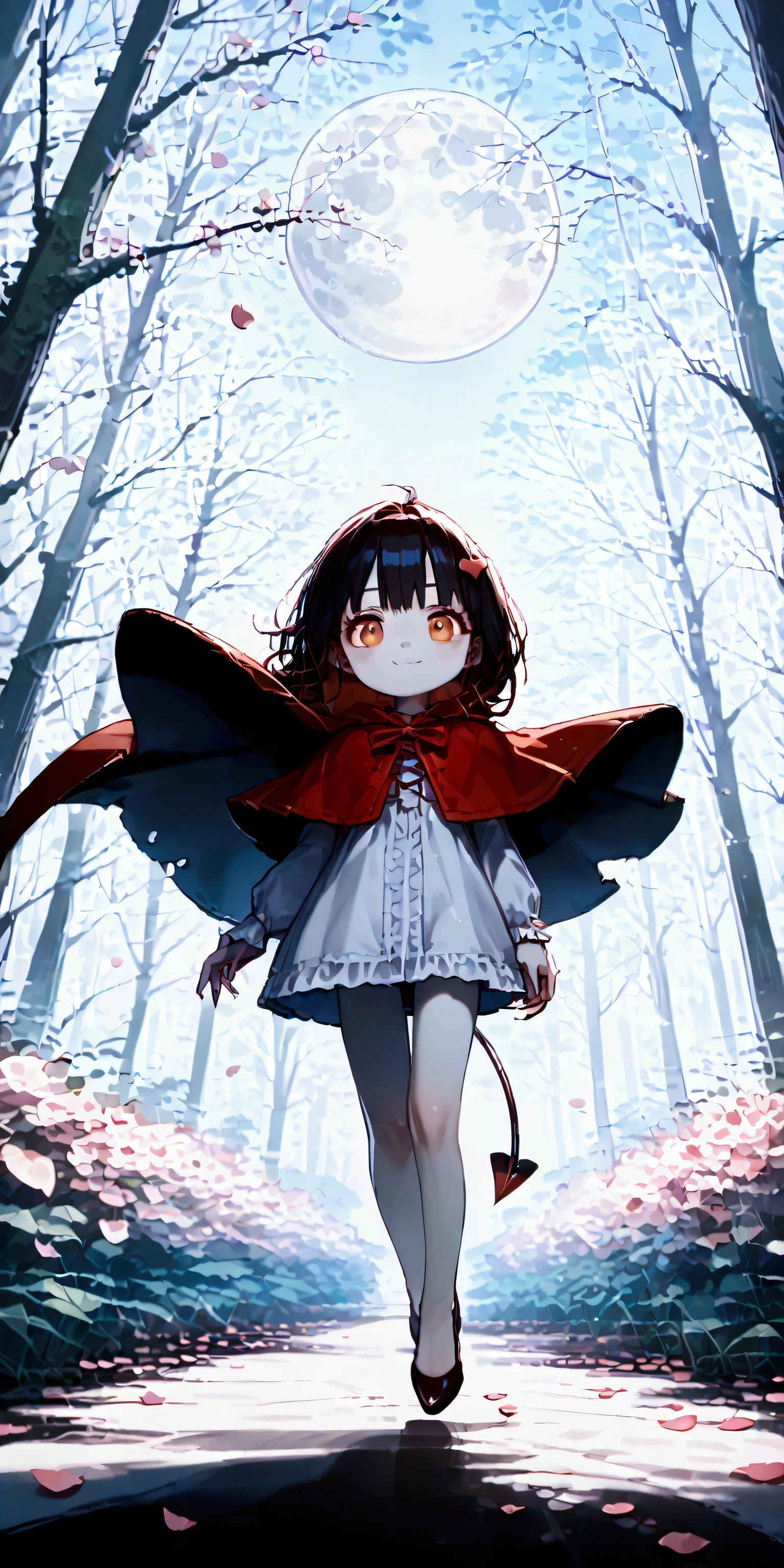 hzk,score_9, score_8_up, score_7_up, score_6_up, score_5_up, score_4_up ,(solo:1.7),1girl\((devil:1.7),cute,big eyes,white skin,pale skin,evil smile,long nail,orange eyes,(looking down:1.3),wearing capelet\((very big:1.5),(very long:1.3),(black),Tattered\), (backlit:1.5), (shadowed:1.3)\), BREAK ,refreshing mood,(petals\(colorful,beautiful,in the air,(many)\):1.5),(dead trees), in the forest,(close-up of girl),beautiful moon,(backlit:1.5)