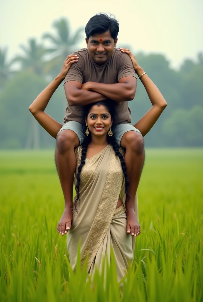 Create a realistic photograph of a smiling and beautiful indian actress in silk saree is carrying a large stout man on her shoulders in a paddy farm, man is sitting on top of her shoulders , man on top, woman standing at bottom