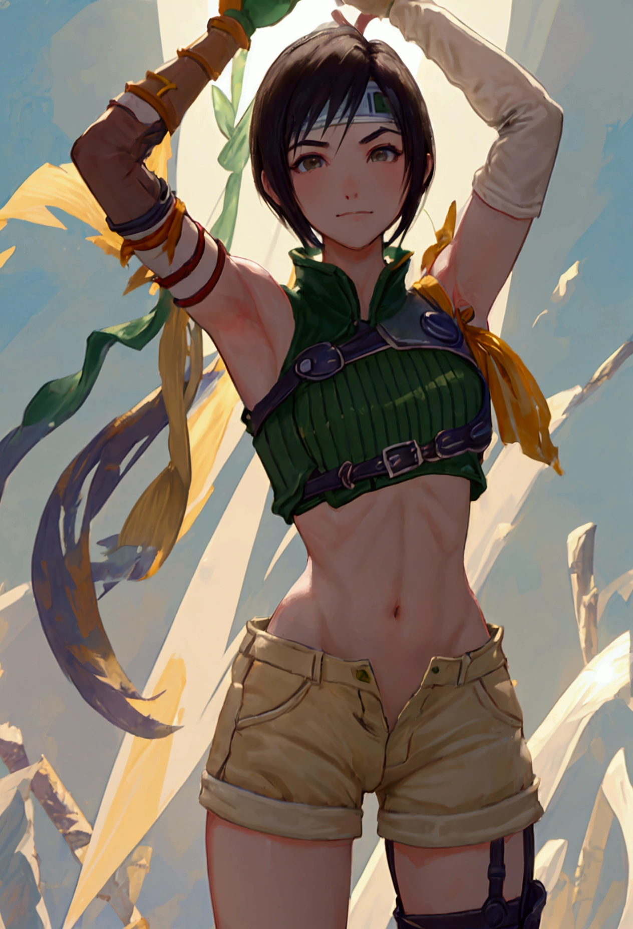 masterpiece, best quality, yuffie kisaragi, headband, green crop top, shoulder armor, armguard, fingerless gloves, tan shorts, single thighhigh, fishnets, upper body, looking at viewer, furrowed brow, smug smile, closed mouth, grass, bamboo, sky, arms up, armpits visible, sweaty armpits