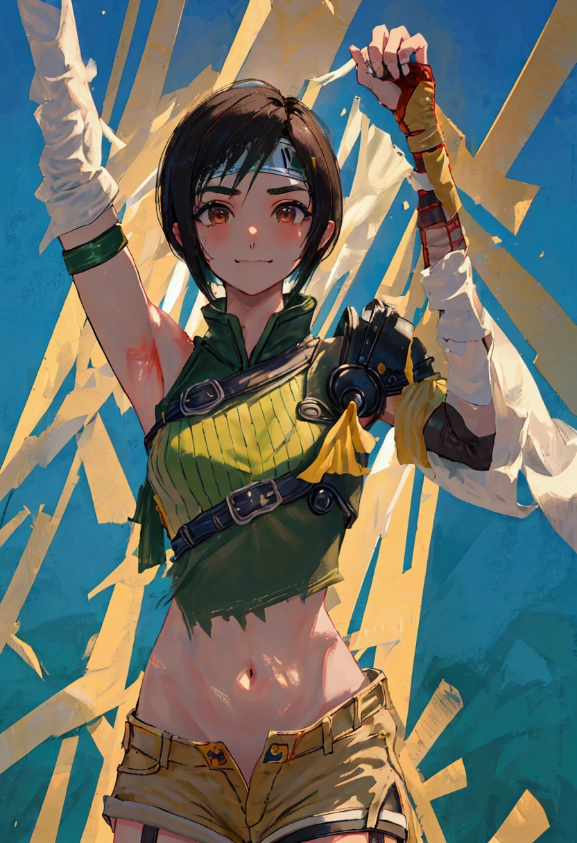 masterpiece, best quality, yuffie kisaragi, headband, green crop top, shoulder armor, armguard, fingerless gloves, tan shorts, single thighhigh, fishnets, upper body, looking at viewer, furrowed brow, smug smile, closed mouth, grass, bamboo, sky, arms up, armpits visible, sweaty armpits