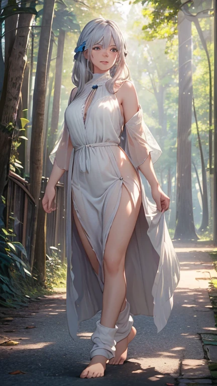 (ultra-detailed, photorealistic, best quality, 4k, 8k, highres, masterpiece:1.3), Princess Daena Targaryen, age 30, a sophisticated and self-assured individual, Known for her timeless beauty and regal style, She has the classic Targaryen features of silver-gold hair and violet eyes, She has a refined sense of fashion, always appearing elegant and majestic, Her outfit includes a Top: A simple, sleeveless tunic made of coarse linen or wool, often slightly tattered or worn, revealing more skin than typical attire of the time, Bottom: A plain, ankle-length skirt made from rough fabric, with a modest slit to allow for easier movement, Shoes: Basic leather sandals or worn-out boots, practical and functional rather than decorative, Accessories: Modest wooden or bone jewelry, such as simple bracelets or necklaces, adding a touch of personal flair despite their simplicity, Additional: A rough, woolen shawl or cloak that she can wrap around herself for warmth, often adding a layer of mystery and modesty to her appearance, (((intricate detail, super finely detailed hands, ultra finely detailed fingers, ten fingers, walking confidently, full body showcase, show full body))), in a fantasy background featuring a grand medieval castle with towering spires, surrounded by lush, enchanted forests, and a distant, mystical dragon flying in the sky.