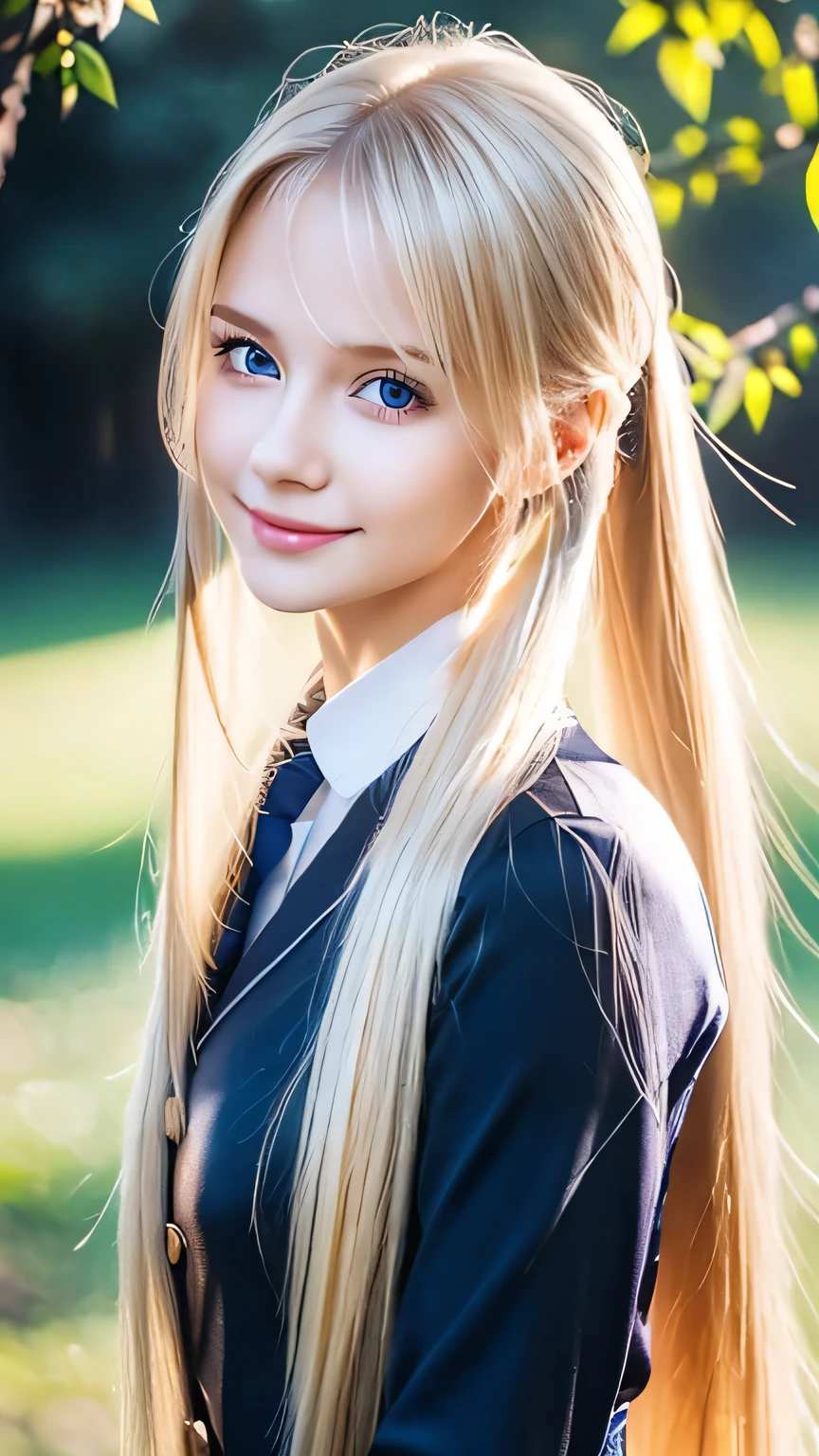 Portrait、School uniform、Bright expression、ponytail、Young, lustrous, glowing, white skin、The best beauty、Blonde reflection、Platinum blonde hair with dazzling highlights、Shiny bright hair,、super long silky super long straight hair、Shiny beautiful bangs、Sparkling, translucent, captivating, large blue eyes、Very beautiful lovely cute girl、Ample Bust