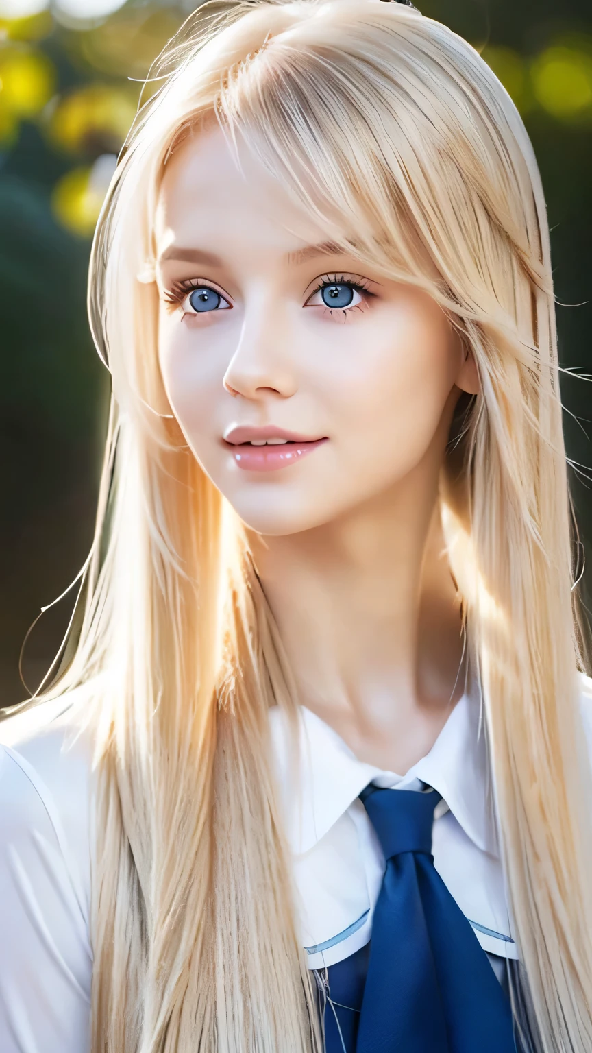 Portrait、School uniform、Bright expression、ponytail、Young, lustrous, glowing, white skin、The best beauty、Blonde reflection、Platinum blonde hair with dazzling highlights、Shiny bright hair,、super long silky super long straight hair、Shiny beautiful bangs、Sparkling, translucent, captivating, large blue eyes、Very beautiful lovely cute girl、Ample Bust