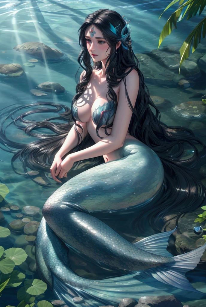 oriental woman with white skin, long black hair, and predominantly red tones. She is depicted with half of her body submerged in water, where she transforms into a mermaid (both the water and the mermaid body are entirely red). Additionally, she is holding a sword beneath the water.