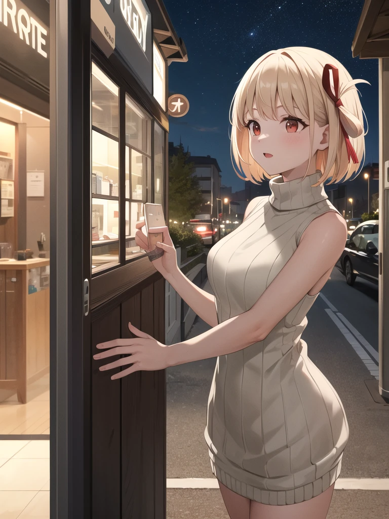 masterpiece, vibrant colours, best quality, detailed, highres, absurdres, score_9, score_8_up, score_7_up, aachisato, short hair, hair ribbon, sweater dress, sleeveless, turtleneck, night, street, ribbed sweater,