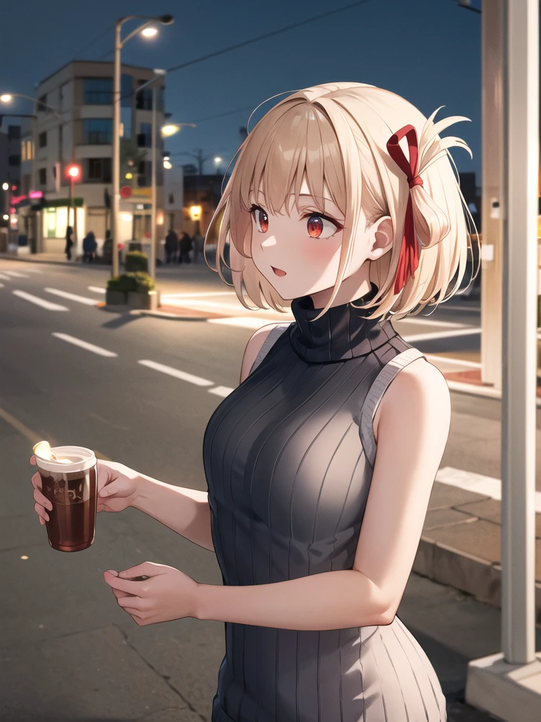 masterpiece, vibrant colours, best quality, detailed, highres, absurdres, score_9, score_8_up, score_7_up, aachisato, short hair, hair ribbon, sweater dress, sleeveless, turtleneck, night, street, ribbed sweater,