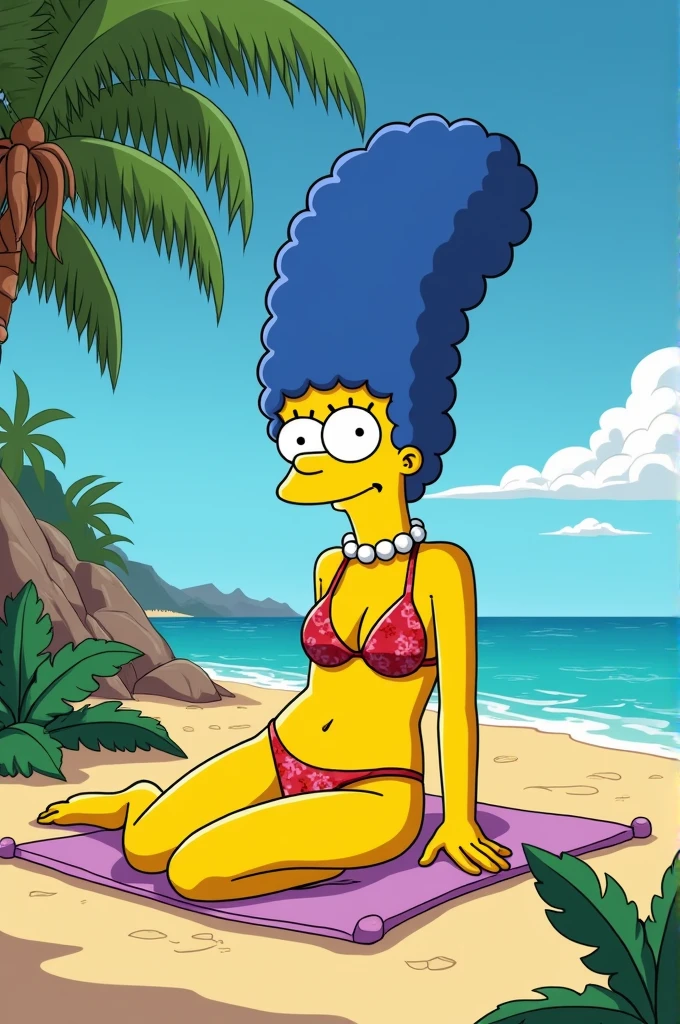 Marge Simpson lying on a beach in just her bikini bottoms fzd topless with Homer