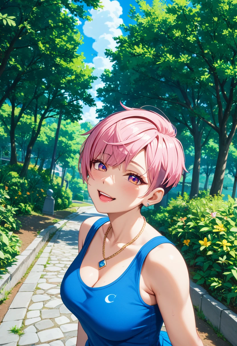 (Highest quality, 4K, 8k, High resolution, masterpiece:1.2), Very detailed, Picturesque, Anime style photo, Photo Anime:1.37)、a beautiful japanese girl、gyaru、pink hair、pixie cut、High neck sleeveless knit、checked scart、pierce、necklace、bracelet、