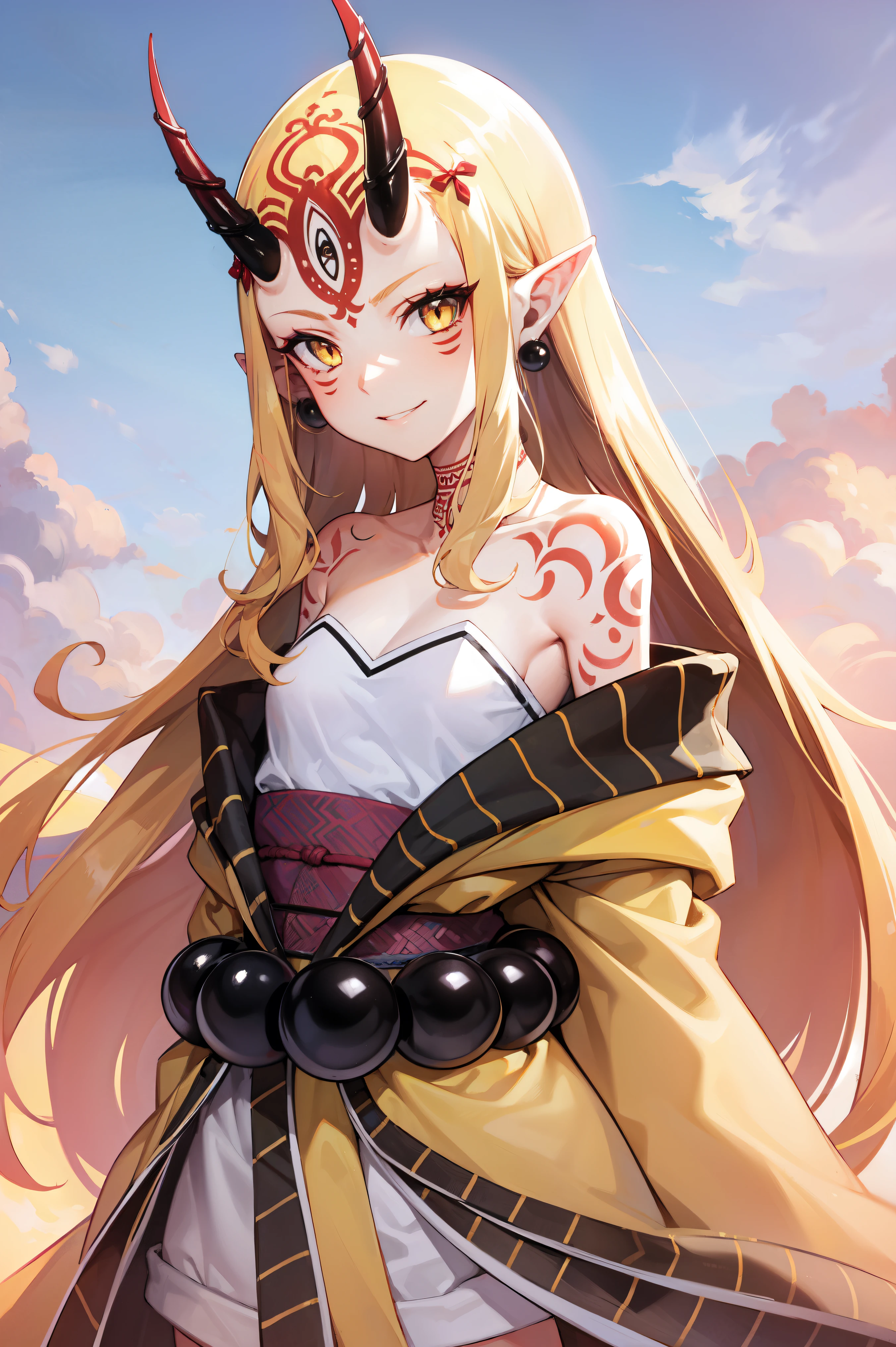 1 girl, standing alone, (ibaraki_Douji), blond, yellow  eyes, oni horns, Japanese clothing, pointy ears, kimono, bared shoulders, Off The Shoulder, yellow kimono, Flat Breast, brow, ((arms behind the back)), hair accessories, slickedback hair, jewerly, aretes, great smile, presumptuous, trunk, standing, work of art, best qualityer, 8k, comely