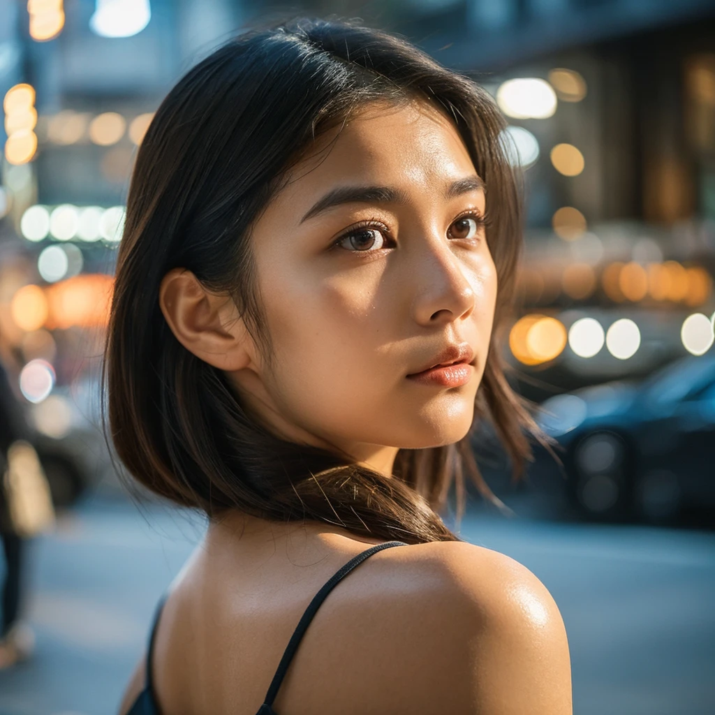 A hyper-realistic image of a single Japanese woman in her early 20s, captured from the shoulders up with the nostalgic warmth and subtle graininess of a film camera. She stands against the backdrop of a bustling city street, where soft, diffused natural light filters through buildings, casting intricate patterns of light and shadow across her face and shoulders. Her skin has a warm beige tone with a textured, realistic appearance, showing visible pores, fine lines, and natural imperfections like slight unevenness and small blemishes, adding to the authenticity of her appearance. Her straight, glossy black hair is slightly tousled, falling naturally around her shoulders, with strands catching the light. Her deep brown eyes reflect the ambient city lights, adding depth and emotion, while areas of her face are gently shadowed, highlighting the natural contours of her cheeks and jawline. The film camera effect introduces a slight grain and a softer focus, blending her figure into the warm, nostalgic urban atmosphere while maintaining the realistic texture of her skin. She is wearing a light, sleeveless summer top, with bare shoulders that subtly catch the natural light, emphasizing the season's warmth and her understated elegance. The interplay of light and shadow on her face and shoulders creates a dynamic, lifelike effect, making the image feel both authentic and captivating.