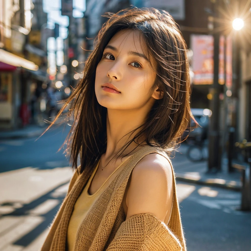 A hyper-realistic image of a single Japanese woman in her early 20s, captured from the shoulders up with the nostalgic warmth and subtle graininess of a film camera. She stands against the backdrop of a bustling city street, where soft, diffused natural light filters through buildings, casting intricate patterns of light and shadow across her face and shoulders. Her skin has a warm beige tone with a textured, realistic appearance, showing visible pores, fine lines, and natural imperfections like slight unevenness and small blemishes, adding to the authenticity of her appearance. Her straight, glossy black hair is slightly tousled, falling naturally around her shoulders, with strands catching the light. Her deep brown eyes reflect the ambient city lights, adding depth and emotion, while areas of her face are gently shadowed, highlighting the natural contours of her cheeks and jawline. The film camera effect introduces a slight grain and a softer focus, blending her figure into the warm, nostalgic urban atmosphere while maintaining the realistic texture of her skin. She is wearing a light, sleeveless summer top, with bare shoulders that subtly catch the natural light, emphasizing the season's warmth and her understated elegance. The interplay of light and shadow on her face and shoulders creates a dynamic, lifelike effect, making the image feel both authentic and captivating.