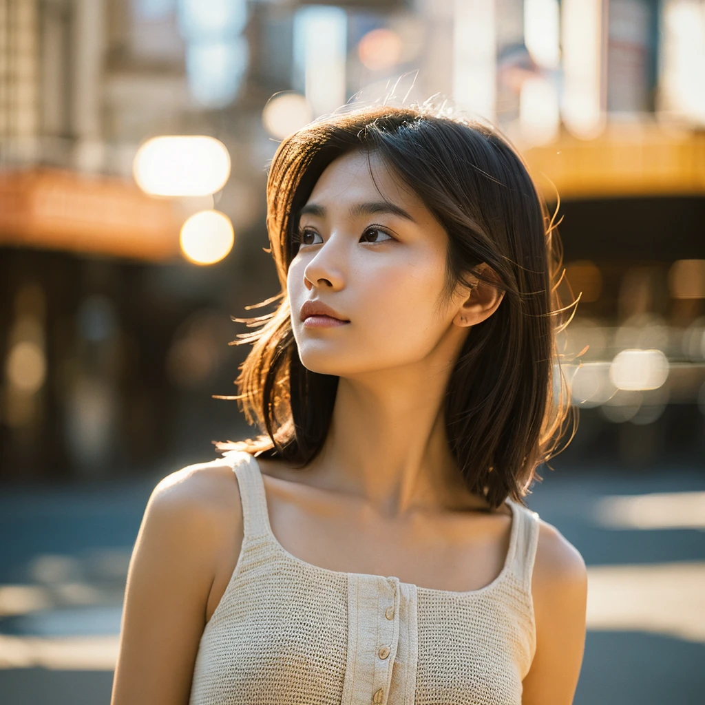 A hyper-realistic image of a single Japanese woman in her early 20s, captured from the shoulders up with the nostalgic warmth and subtle graininess of a film camera. She stands against the backdrop of a bustling city street, where soft, diffused natural light filters through buildings, casting intricate patterns of light and shadow across her face and shoulders. Her skin has a warm beige tone with a textured, realistic appearance, showing visible pores, fine lines, and natural imperfections like slight unevenness and small blemishes, adding to the authenticity of her appearance. Her straight, glossy black hair is slightly tousled, falling naturally around her shoulders, with strands catching the light. Her deep brown eyes reflect the ambient city lights, adding depth and emotion, while areas of her face are gently shadowed, highlighting the natural contours of her cheeks and jawline. The film camera effect introduces a slight grain and a softer focus, blending her figure into the warm, nostalgic urban atmosphere while maintaining the realistic texture of her skin. She is wearing a light, sleeveless summer top, with bare shoulders that subtly catch the natural light, emphasizing the season's warmth and her understated elegance. The interplay of light and shadow on her face and shoulders creates a dynamic, lifelike effect, making the image feel both authentic and captivating.