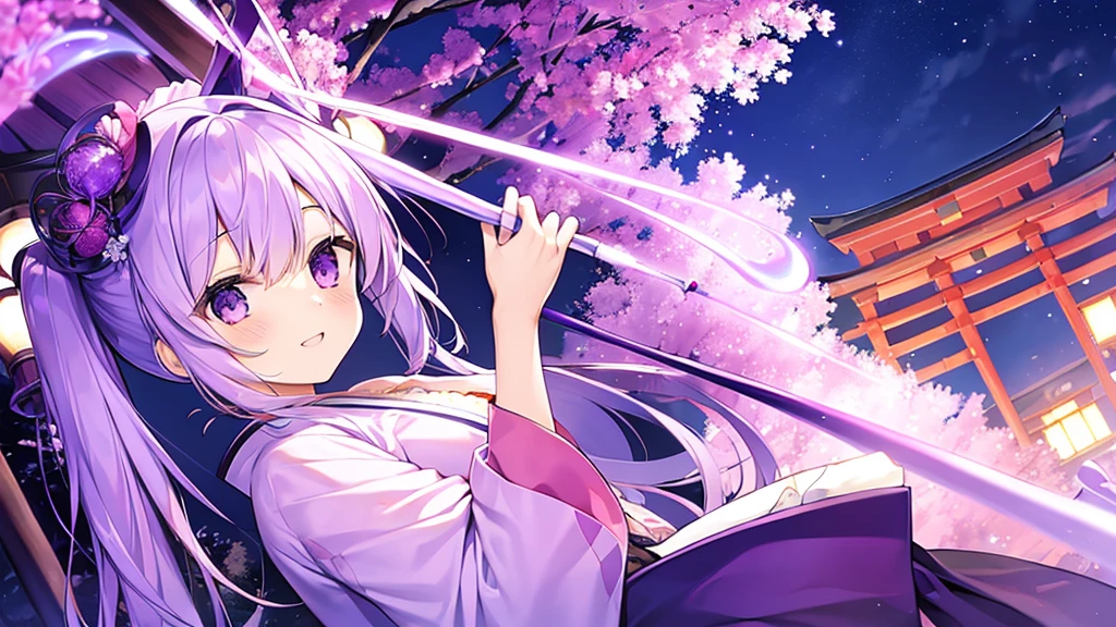 woman　clear　Light purple hair　　　kimono　Japan　　Night Sky
