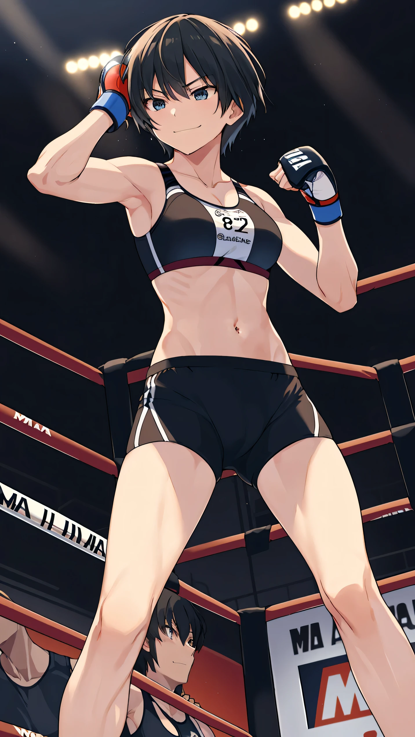 nanasaki, nanasaki ai, ai nanasaki, ((top-quality,8K,Masterpiece)), Full body shot, Toned stomach, (on MMA Arena :1.5), (Athletics bra:1.5),(Racing Bloomer:1.5), MMA Fighter, thigh, belly button, smirking, Victory, Sharp focus: 1.2, Highly detailed face, Highly detailed eye, Professional Lighting,From below, on front,