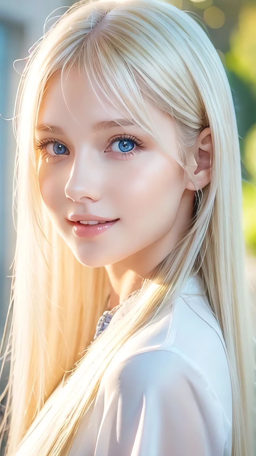 Portrait、School uniform、Bright expression、ponytail、Young, lustrous, glowing, white skin、The best beauty、Blonde reflection、Platinum blonde hair with dazzling highlights、Shiny bright hair,、super long silky super long straight hair、Shiny beautiful bangs、Sparkling, translucent, captivating, large blue eyes、Very beautiful lovely cute girl、Ample Bust