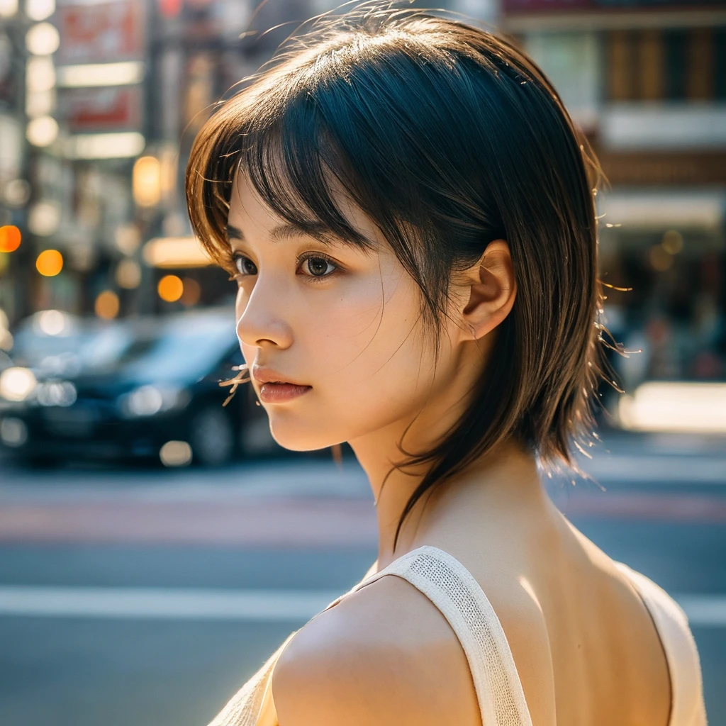 A hyper-realistic image of a single Japanese woman in her early 20s, captured from the shoulders up with the nostalgic warmth and subtle graininess of a film camera. She stands against the backdrop of a bustling city street, where soft, diffused natural light filters through buildings, casting intricate patterns of light and shadow across her face and shoulders. Her skin has a warm beige tone with a textured, realistic appearance, showing visible pores, fine lines, and natural imperfections like slight unevenness and small blemishes, adding to the authenticity of her appearance. Her straight, glossy black hair is slightly tousled, falling naturally around her shoulders, with strands catching the light. Her deep brown eyes reflect the ambient city lights, adding depth and emotion, while areas of her face are gently shadowed, highlighting the natural contours of her cheeks and jawline. The film camera effect introduces a slight grain and a softer focus, blending her figure into the warm, nostalgic urban atmosphere while maintaining the realistic texture of her skin. She is wearing a light, sleeveless summer top, with bare shoulders that subtly catch the natural light, emphasizing the season's warmth and her understated elegance. The interplay of light and shadow on her face and shoulders creates a dynamic, lifelike effect, making the image feel both authentic and captivating.