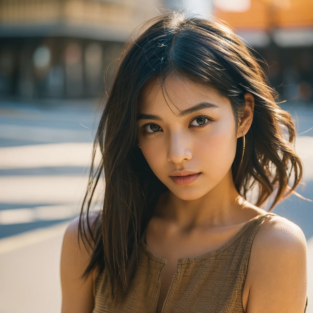 A hyper-realistic image of a single Japanese woman in her early 20s, captured from the shoulders up with the nostalgic warmth and subtle graininess of a film camera. She stands against the backdrop of a bustling city street, where soft, diffused natural light filters through buildings, casting intricate patterns of light and shadow across her face and shoulders. Her skin has a warm beige tone with a textured, realistic appearance, showing visible pores, fine lines, and natural imperfections like slight unevenness and small blemishes, adding to the authenticity of her appearance. Her straight, glossy black hair is slightly tousled, falling naturally around her shoulders, with strands catching the light. Her deep brown eyes reflect the ambient city lights, adding depth and emotion, while areas of her face are gently shadowed, highlighting the natural contours of her cheeks and jawline. The film camera effect introduces a slight grain and a softer focus, blending her figure into the warm, nostalgic urban atmosphere while maintaining the realistic texture of her skin. She is wearing a light, sleeveless summer top, with bare shoulders that subtly catch the natural light, emphasizing the season's warmth and her understated elegance. The interplay of light and shadow on her face and shoulders creates a dynamic, lifelike effect, making the image feel both authentic and captivating.