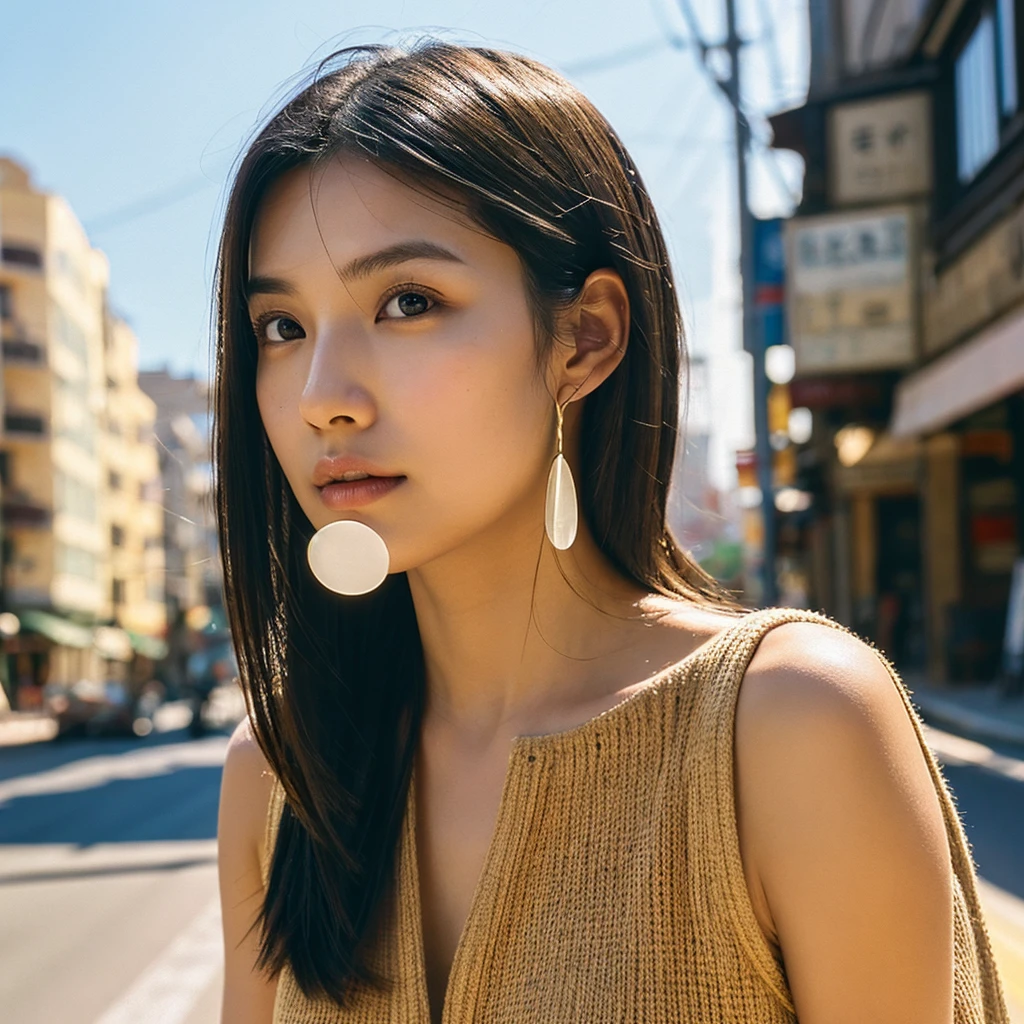 A hyper-realistic image of a single Japanese woman in her early 20s, captured from the shoulders up with the nostalgic warmth and subtle graininess of a film camera. She stands against the backdrop of a bustling city street, where soft, diffused natural light filters through buildings, casting intricate patterns of light and shadow across her face and shoulders. Her skin has a warm beige tone with a textured, realistic appearance, showing visible pores, fine lines, and natural imperfections like slight unevenness and small blemishes, adding to the authenticity of her appearance. Her straight, glossy black hair is slightly tousled, falling naturally around her shoulders, with strands catching the light. Her deep brown eyes reflect the ambient city lights, adding depth and emotion, while areas of her face are gently shadowed, highlighting the natural contours of her cheeks and jawline. The film camera effect introduces a slight grain and a softer focus, blending her figure into the warm, nostalgic urban atmosphere while maintaining the realistic texture of her skin. She is wearing a light, sleeveless summer top, with bare shoulders that subtly catch the natural light, emphasizing the season's warmth and her understated elegance. The interplay of light and shadow on her face and shoulders creates a dynamic, lifelike effect, making the image feel both authentic and captivating.