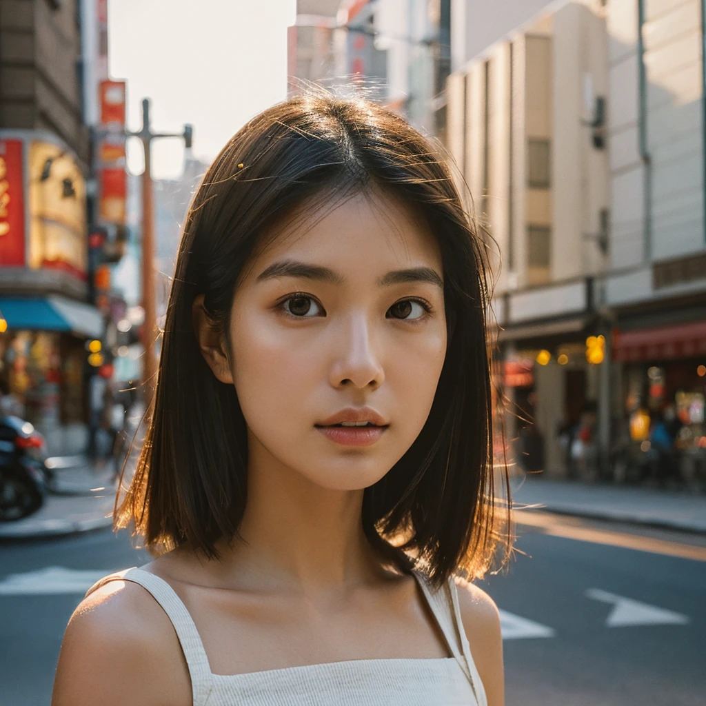 A hyper-realistic image of a single Japanese woman in her early 20s, captured from the shoulders up with the nostalgic warmth and subtle graininess of a film camera. She stands against the backdrop of a bustling city street, where soft, diffused natural light filters through buildings, casting intricate patterns of light and shadow across her face and shoulders. Her skin has a warm beige tone with a textured, realistic appearance, showing visible pores, fine lines, and natural imperfections like slight unevenness and small blemishes, adding to the authenticity of her appearance. Her straight, glossy black hair is slightly tousled, falling naturally around her shoulders, with strands catching the light. Her deep brown eyes reflect the ambient city lights, adding depth and emotion, while areas of her face are gently shadowed, highlighting the natural contours of her cheeks and jawline. The film camera effect introduces a slight grain and a softer focus, blending her figure into the warm, nostalgic urban atmosphere while maintaining the realistic texture of her skin. She is wearing a light, sleeveless summer top, with bare shoulders that subtly catch the natural light, emphasizing the season's warmth and her understated elegance. The interplay of light and shadow on her face and shoulders creates a dynamic, lifelike effect, making the image feel both authentic and captivating.