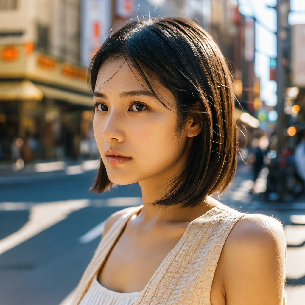 A hyper-realistic image of a single Japanese woman in her early 20s, captured from the shoulders up with the nostalgic warmth and subtle graininess of a film camera. She stands against the backdrop of a bustling city street, where soft, diffused natural light filters through buildings, casting intricate patterns of light and shadow across her face and shoulders. Her skin has a warm beige tone with a textured, realistic appearance, showing visible pores, fine lines, and natural imperfections like slight unevenness and small blemishes, adding to the authenticity of her appearance. Her straight, glossy black hair is slightly tousled, falling naturally around her shoulders, with strands catching the light. Her deep brown eyes reflect the ambient city lights, adding depth and emotion, while areas of her face are gently shadowed, highlighting the natural contours of her cheeks and jawline. The film camera effect introduces a slight grain and a softer focus, blending her figure into the warm, nostalgic urban atmosphere while maintaining the realistic texture of her skin. She is wearing a light, sleeveless summer top, with bare shoulders that subtly catch the natural light, emphasizing the season's warmth and her understated elegance. The interplay of light and shadow on her face and shoulders creates a dynamic, lifelike effect, making the image feel both authentic and captivating.