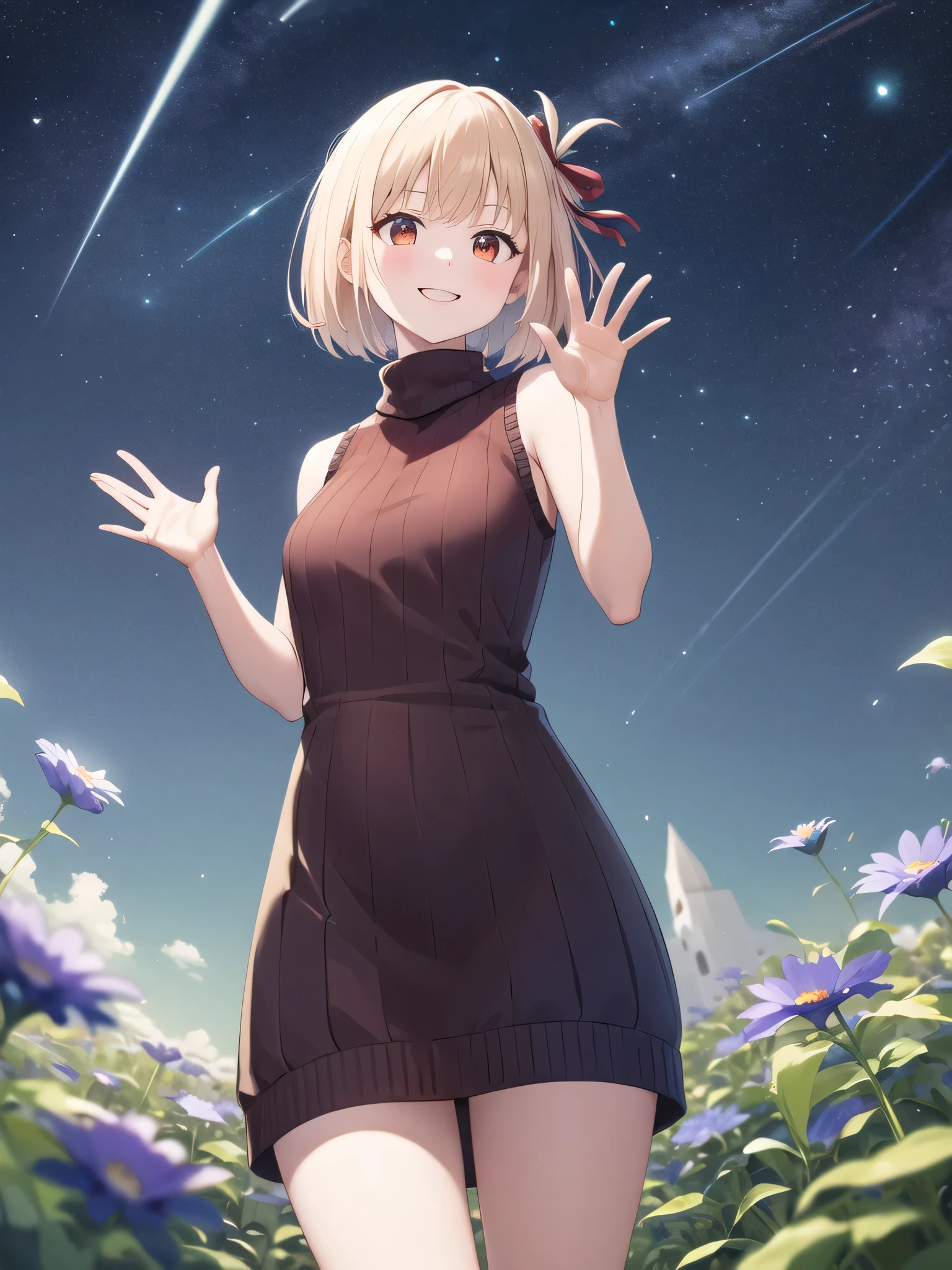 masterpiece, vibrant colours, best quality, detailed, highres, absurdres, score_9, score_8_up, score_7_up, aachisato, short hair, hair ribbon, sweater dress, sleeveless, turtleneck, night, street, ribbed sweater, standing, smile, waving, night sky, night-time, shooting stars, blue flower field, cowboy shot, fisheye, Very aesthetic