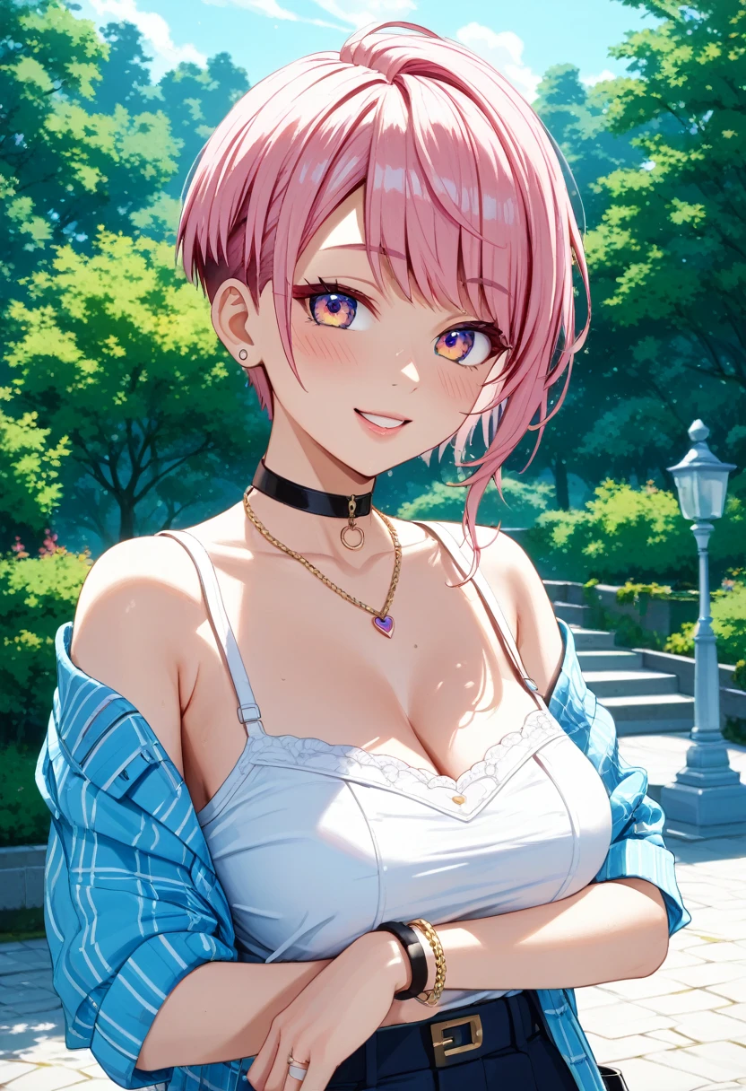 (Highest quality, 4K, 8k, High resolution, masterpiece:1.2), Very detailed, Picturesque, Anime style photo, Photo Anime:1.37)、a beautiful japanese girl、gyaru、pink hair、pixie cut、black choker、pierce、necklace、bracelet、