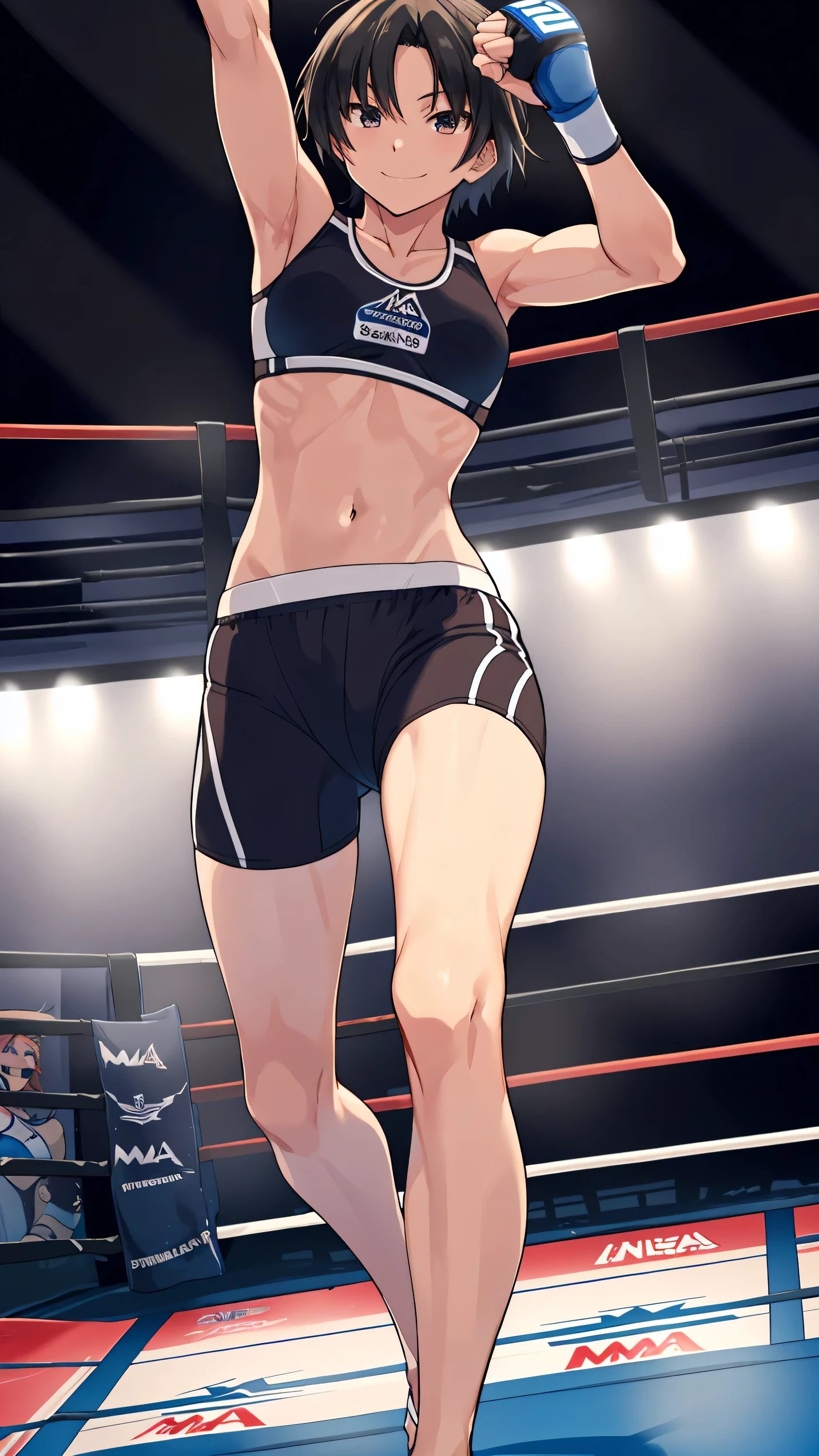 nanasaki, nanasaki ai, ai nanasaki, ((top-quality,8K,Masterpiece)), Full body shot, Toned stomach, (on MMA Arena :1.5), (Athletics bra:1.5),(Racing Bloomer:1.5), MMA Fighter, thigh, belly button, smiling, Victory, Sharp focus: 1.2, Highly detailed face, Highly detailed eye, Professional Lighting,From below, on front,