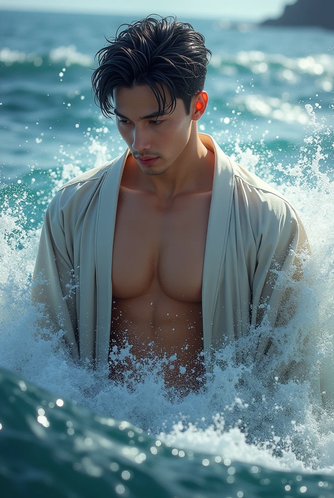 Highly detailed painting, handsome! Beard, short hair, small head, tall, outdoor hot spring, soaked in water!!! (Best quality, super details) Elegant! Fashion background!! HD, 8k, thin and tall! Muscular, chest hair, hairy chest muscles! Smirk, masterpiece, best quality, high resolution, detailed background, strong body, male, he is about 50 years old, strong and handsome, muscular tissue, chest muscles, best quality, (muscles), sitting in the water wearing white swimming trunks!! Chest hair: 1.8) Realistic photos, short hair! The lower body is soaked in water! Easy and comfortable appearance! (Water fog: 1.5)