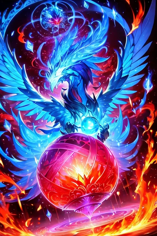 Gigantic radiant phoenix of light blue color and red flames of fire conjuring a ball of purple energy