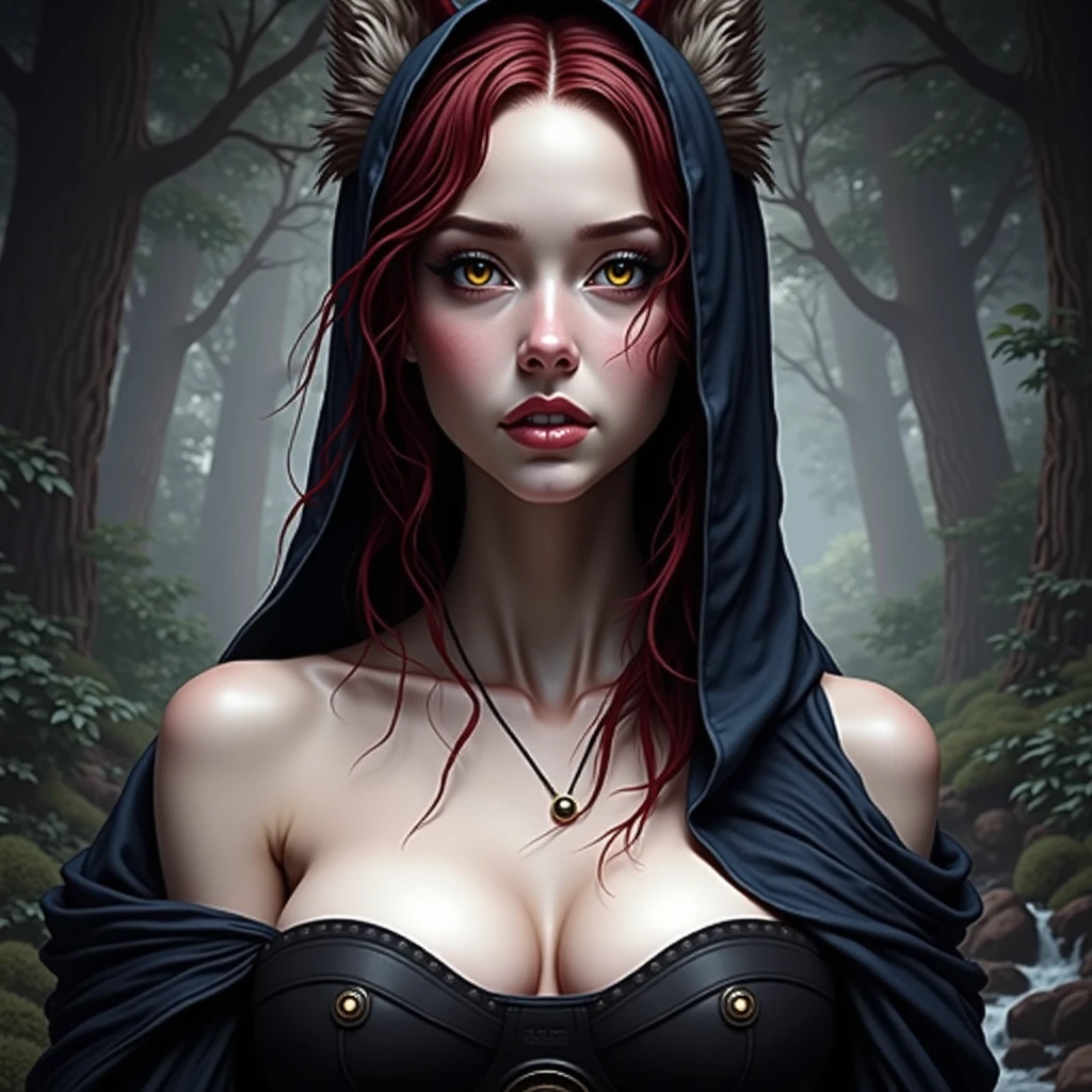 best quality,4k,8k,highres,masterpiece:1.2,ultra-detailed,realistic:1.37,HDR,UHD,studio lighting,ultra-fine painting,sharp focus,physically-based rendering,extreme detail description,professional,(SFW:1.4),(safe for work),wide angle,A nordic female witch and a lying down werewolf, seductive, hypnotizing, mystical attraction, (absorbing vitality), lying down victim, (a werewolf is being seduced and hypnotized by the mystical lewd movements of an irresistible nordic woman), ((she is using a hypnotizing spell to absorb the vital energy of the lying down werewolf)), (a red magical glow illuminates the scene), alluring presence, (spellbinding moment), (bewitching spell), entrancing atmosphere, mysterious ambiance, captivating composition, tantalizing expressions, elegant and graceful posture, vivid colors, soft and gentle features, delicate details, evocative emotions, sensuous atmosphere, enchanting mystique, mesmerizing encounter, immersive experience, timeless artistry, evocative narrative, sublime aesthetics, emotional resonance, hauntingly beautiful, surrealistic qualities, ethereal landscapes, dreamlike qualities, magical realism, otherworldly qualities, cinematic ambiance, transcendent allure