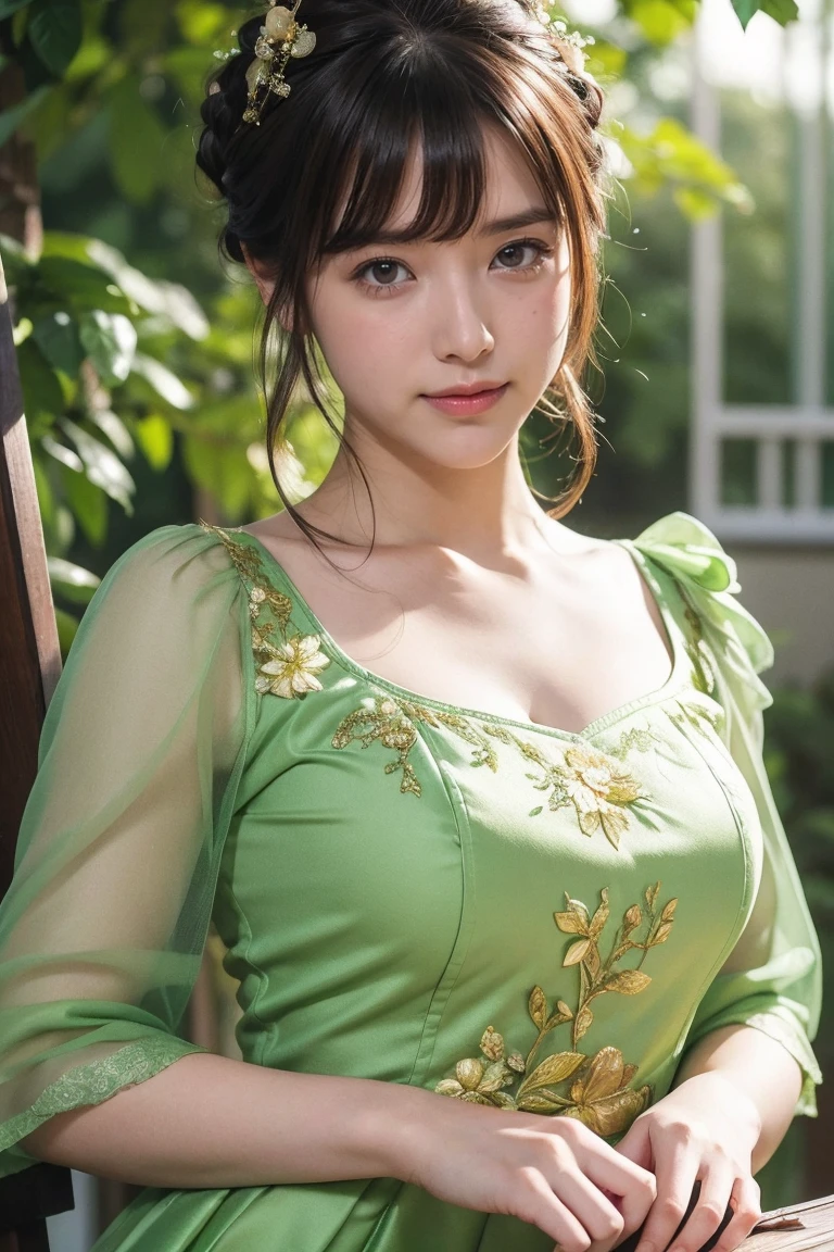 Medium display, Medium Shot, Written boundary depth, bust, Upper Body, Movie angle, masterpiece, Highest quality, Very detailed, CG, 8k wallpaper, Beautiful Face, Delicate eyes, Otome, alone, smile, bangs, skirt, shirt, have, Lime green dress with gold trim, Floral Background