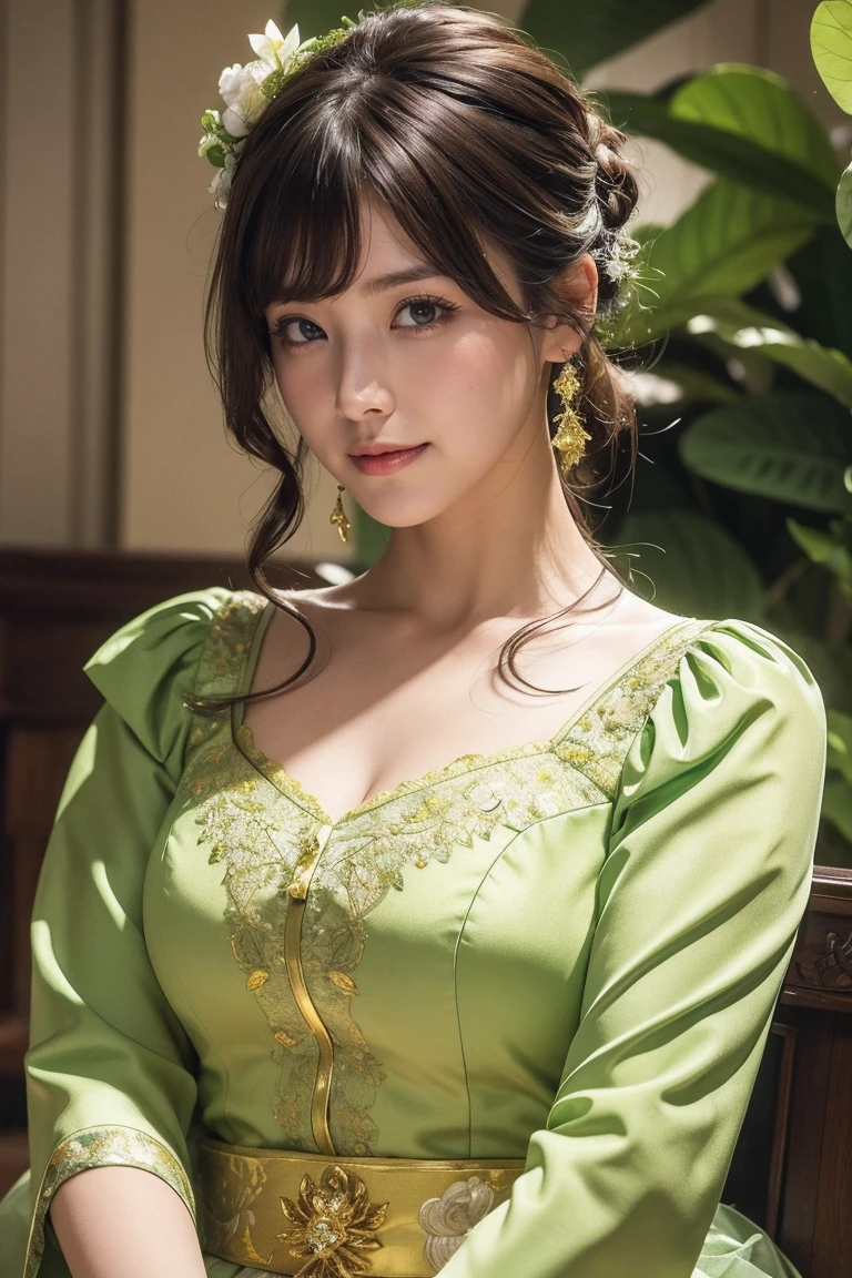 Medium display, Medium Shot, Written boundary depth, bust, Upper Body, Movie angle, masterpiece, Highest quality, Very detailed, CG, 8k wallpaper, Beautiful Face, Delicate eyes, Otome, alone, smile, bangs, skirt, shirt, have, Lime green dress with gold trim, Floral Background