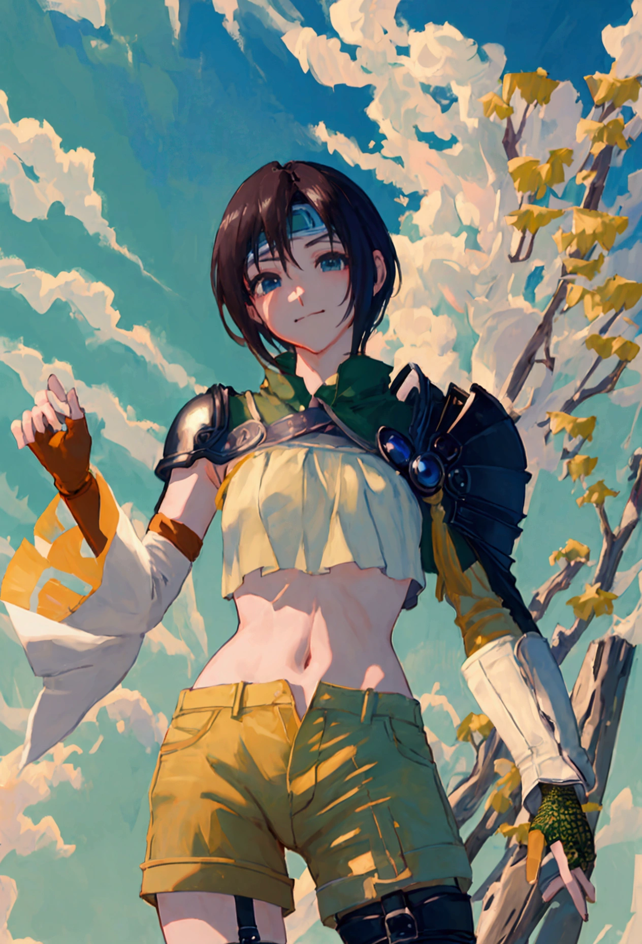 (((masterpiece))),((Highest quality、masterpiece、anime style、best quality、high resolution、8k、detailed、ultra-detailed:1.3)),Beautiful woman,yuffie kisaragi, headband, green crop top, shoulder armor, armguard, fingerless gloves, tan shorts, single thighhigh, fishnets, upper body, looking at viewer, furrowed brow, smug smile, closed mouth, grass, bamboo, sky,