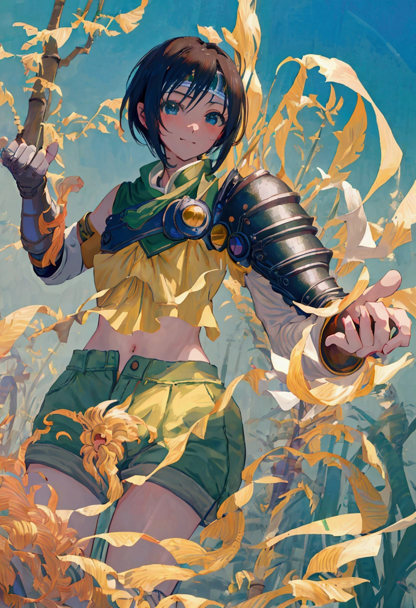 (((masterpiece))),((Highest quality、masterpiece、anime style、best quality、high resolution、8k、detailed、ultra-detailed:1.3)),Beautiful woman,yuffie kisaragi, headband, green crop top, shoulder armor, armguard, fingerless gloves, tan shorts, single thighhigh, fishnets, upper body, looking at viewer, furrowed brow, smug smile, closed mouth, grass, bamboo, sky,