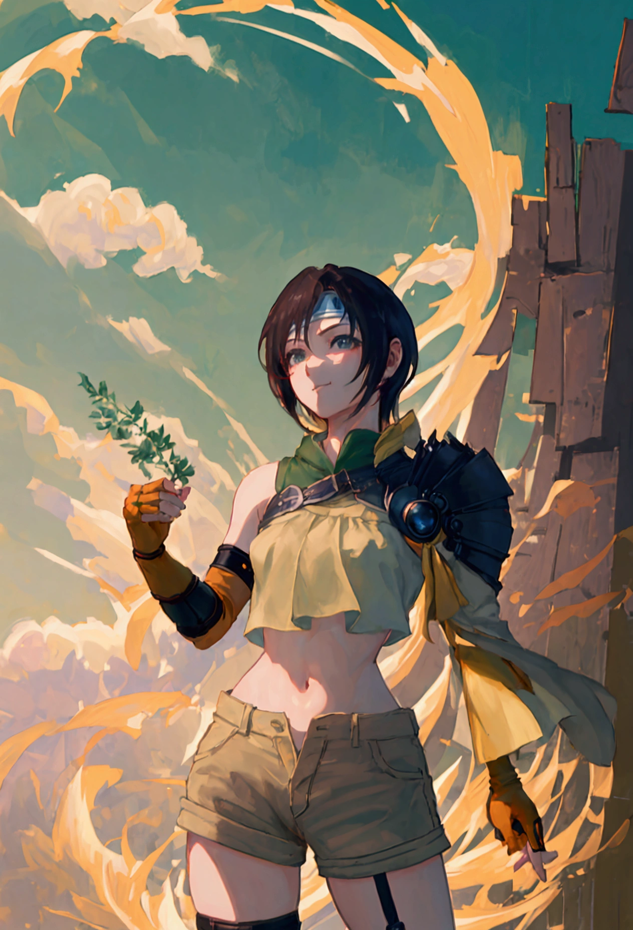 (((masterpiece))),((Highest quality、masterpiece、anime style、best quality、high resolution、8k、detailed、ultra-detailed:1.3)),Beautiful woman,yuffie kisaragi, headband, green crop top, shoulder armor, armguard, fingerless gloves, tan shorts, single thighhigh, fishnets, upper body, looking at viewer, furrowed brow, smug smile, closed mouth, grass, bamboo, sky,sexy pose