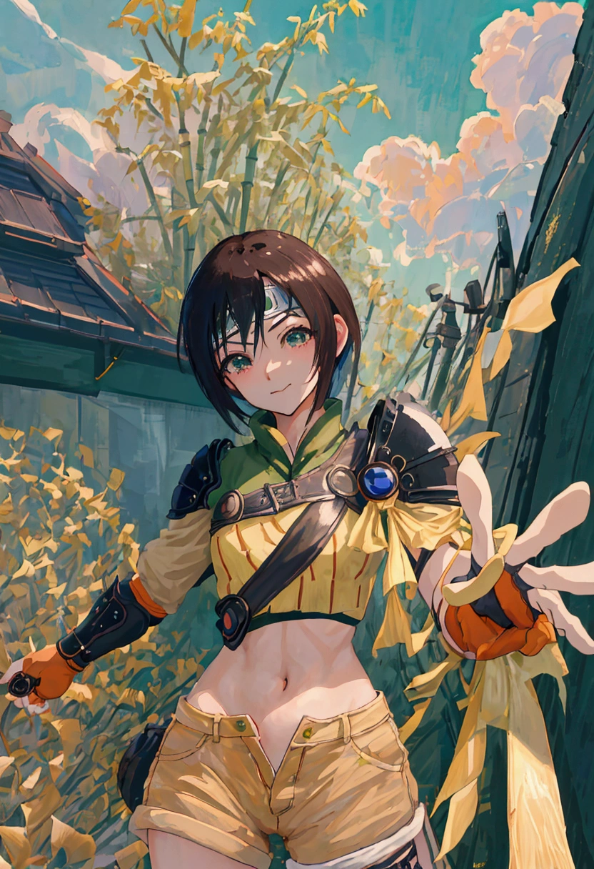 (((masterpiece))),((Highest quality、masterpiece、anime style、best quality、high resolution、8k、detailed、ultra-detailed:1.3)),Beautiful woman,yuffie kisaragi, headband, green crop top, shoulder armor, armguard, fingerless gloves, tan shorts, single thighhigh, fishnets, upper body, looking at viewer, furrowed brow, smug smile, closed mouth, grass, bamboo, sky,sexy pose