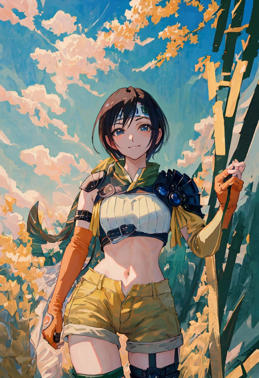 (((masterpiece))),((Highest quality、masterpiece、anime style、best quality、high resolution、8k、detailed、ultra-detailed:1.3)),Beautiful woman,yuffie kisaragi, headband, green crop top, shoulder armor, armguard, fingerless gloves, tan shorts, single thighhigh, fishnets, upper body, looking at viewer, furrowed brow, smug smile, closed mouth, grass, bamboo, sky,sexy pose