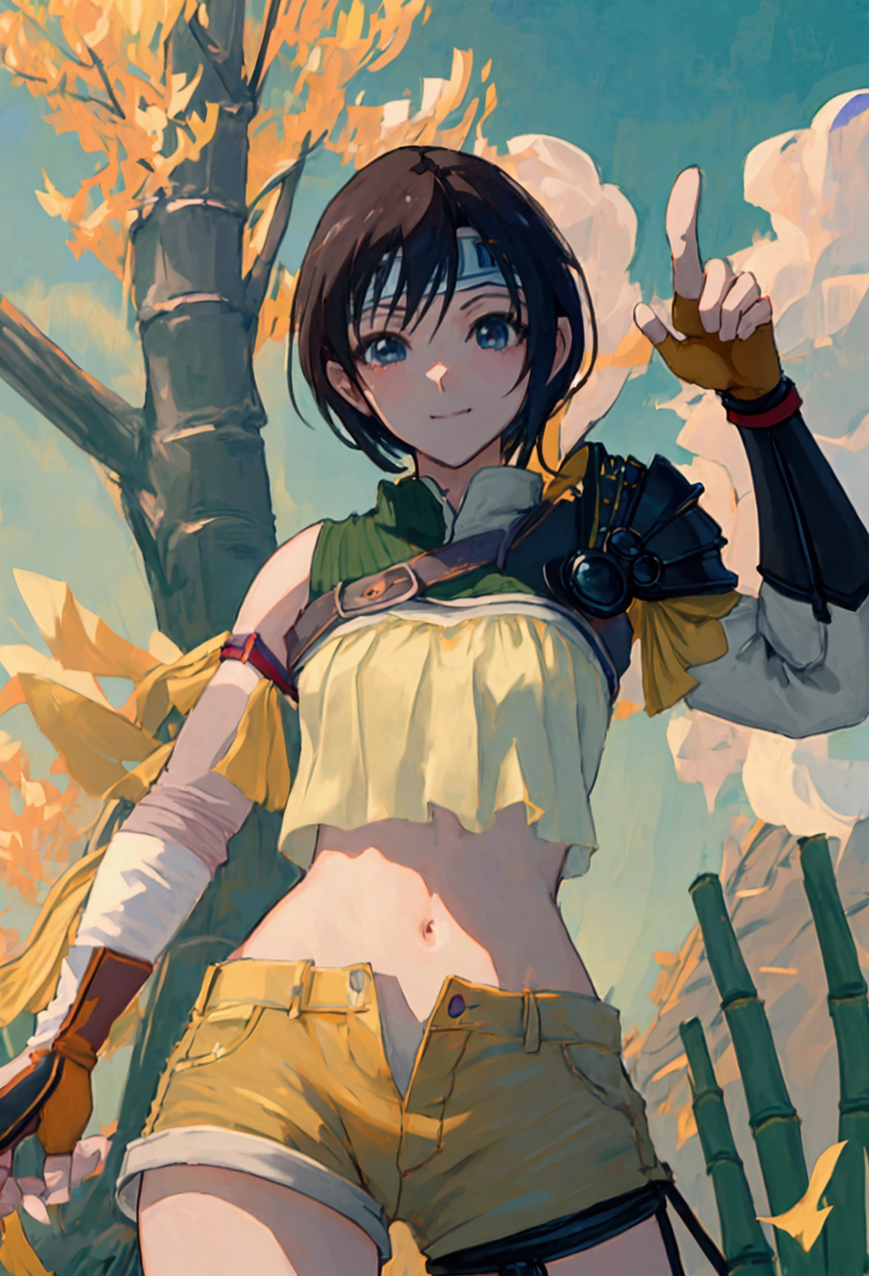 (((masterpiece))),((Highest quality、masterpiece、anime style、best quality、high resolution、8k、detailed、ultra-detailed:1.3)),Beautiful woman,yuffie kisaragi, headband, green crop top, shoulder armor, armguard, fingerless gloves, tan shorts, single thighhigh, fishnets, upper body, looking at viewer, furrowed brow, smug smile, closed mouth, grass, bamboo, sky,sexy pose