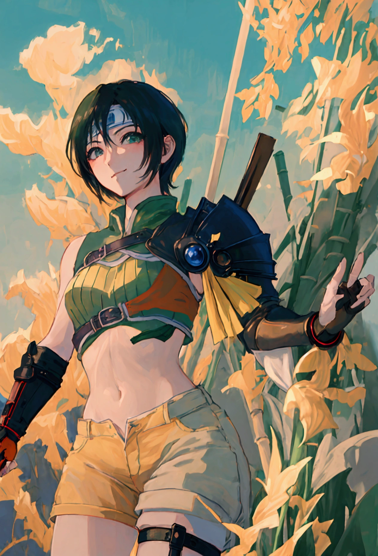 (((masterpiece))),((Highest quality、masterpiece、anime style、best quality、high resolution、8k、detailed、ultra-detailed:1.3)),Beautiful woman,yuffie kisaragi, headband, green crop top, shoulder armor, armguard, fingerless gloves, tan shorts, single thighhigh, fishnets, upper body, looking at viewer, furrowed brow, smug smile, closed mouth, grass, bamboo, sky,sexy pose