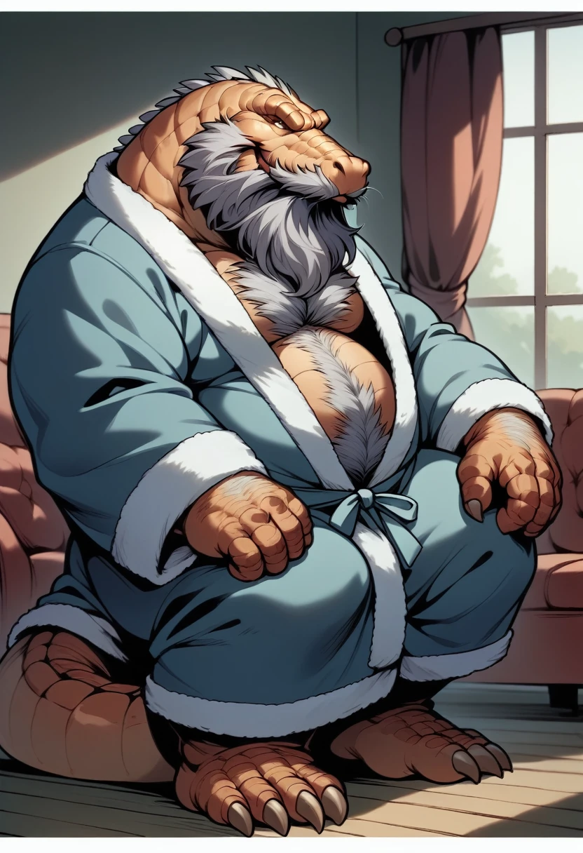 crocodine,Crocodile,Lizardman, reptiles,low, Overweight man, Gray Hair, Short Hair, Thick, Strong arms and legs, Broad shoulders, A little bit fat, Big beard, big mustache,The whiskers bounce from side to side.,Very hairy, Lots of body hair,chest hair,Detailed body hair, Wearing a long-sleeved, open-front, semi-transparent bathrobe, Wearing very small translucent underwear, Protruding pubic hair, Sit and put one knee up,barefoot,,smile, Modern minimalist living room