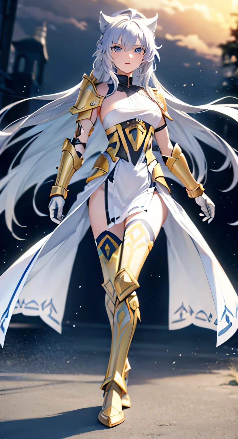 white hair, long hair, blue eyes, medium boobs, white dress, full gold chest armor, gold armored gloves, gold armored boots