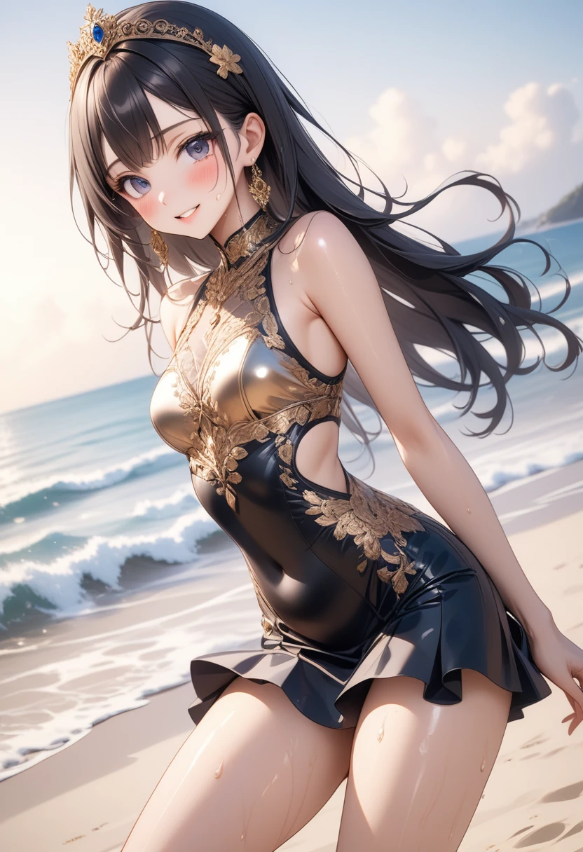 anegasaki nene、Shiny brown hair, short hair, (Beautiful brown eyes、Sparkling eyes, Fine grain)、smile、Ultra-detailed eyes、Very detailedな顔, Very detailedな目,
elegant blue dress (Background of the beach at sunset), Very detailed, Defined features, Age 25,
Graceful posture, Light brown eyes, High resolution, artwork, Highest quality, Intricate details, Very detailedな,
Sharp focus, Detailed skin, 現実的 skin texture, texture, fine grain, Professional, 4K, かわいいsmile,